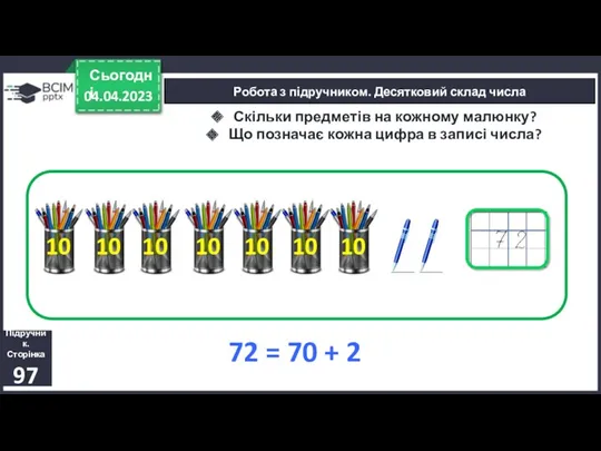 04.04.2023 Сьогодні Підручник. Сторінка 97 Робота з підручником. Десятковий склад