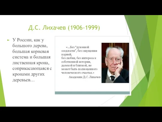 Д.С. Лихачев (1906-1999) У России, как у большого дерева, большая корневая система и
