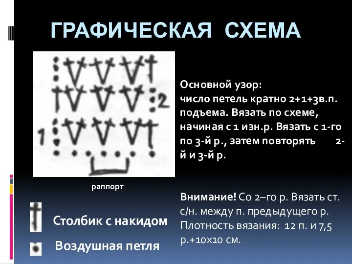 ГРАФИЧЕСКАЯ СХЕМА раппорт Воздушная петля Столбик с накидом Основной узор: