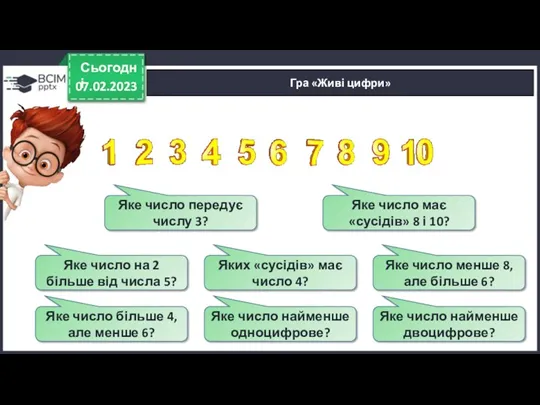 Гра «Живі цифри» 07.02.2023 Сьогодні Яке число передує числу 3?