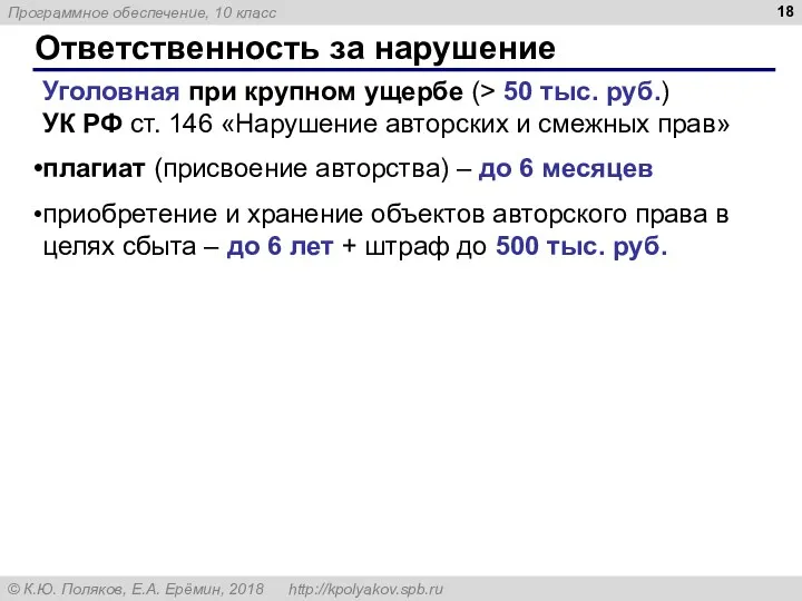 Ответственность за нарушение Уголовная при крупном ущербе (> 50 тыс.