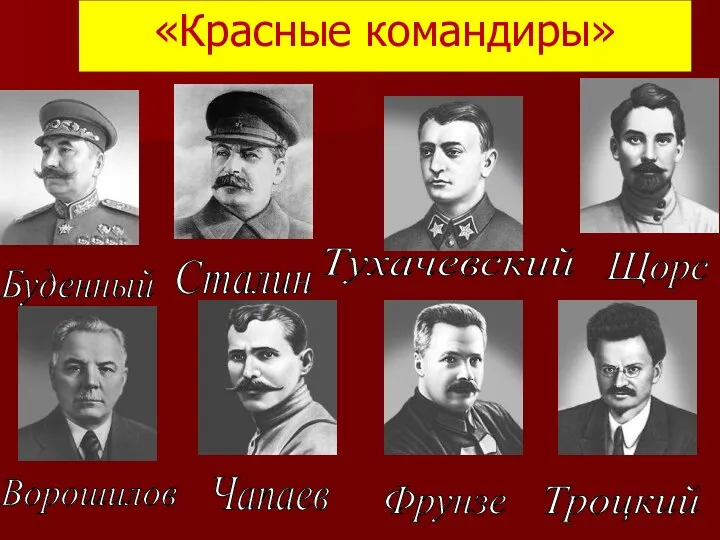 «Красные командиры» Буденный Сталин Тухачевский Щорс Ворошилов Чапаев Фрунзе Троцкий