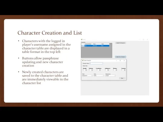 Character Creation and List Characters with the logged in player’s