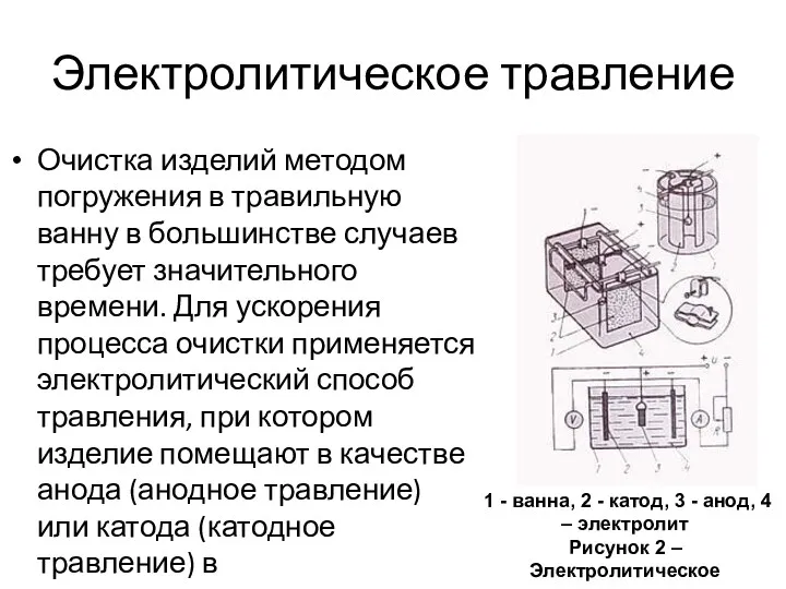 Электролитическое травление Очистка изделий методом погружения в травильную ванну в большинстве случаев требует