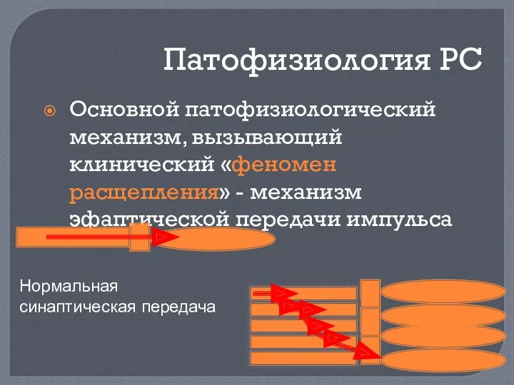 Патофизиология РС Основной патофизиологический механизм, вызывающий клинический «феномен расщепления» - механизм эфаптической передачи