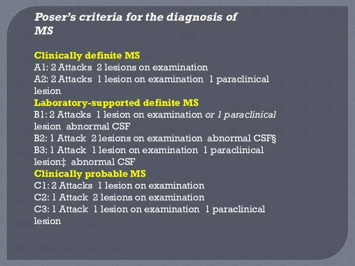 Poser’s criteria for the diagnosis of MS Clinically definite MS A1: 2 Attacks