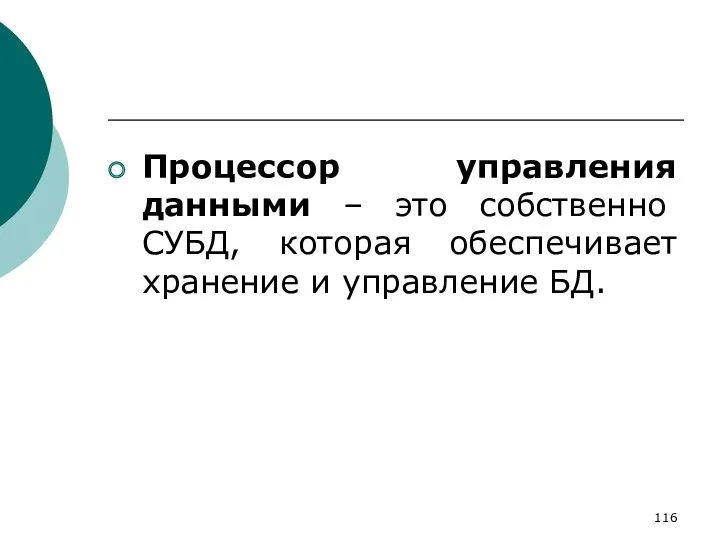 Процессор управления данными – это собственно СУБД, которая обеспечивает хранение и управление БД.