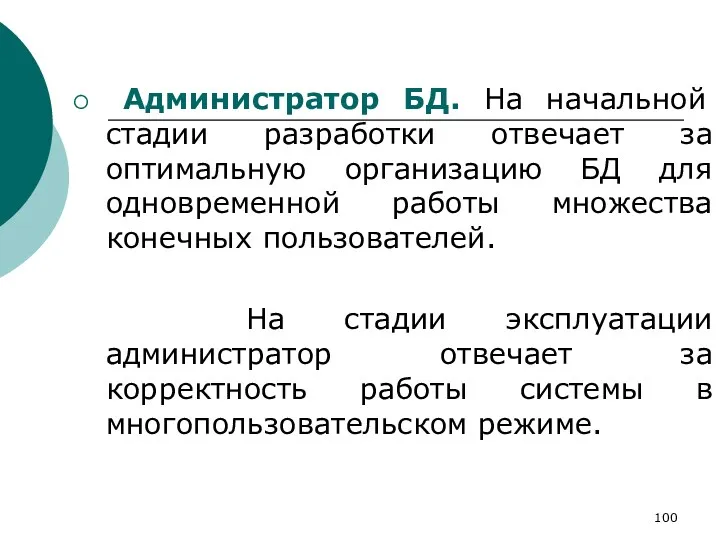 Администратор БД. На начальной стадии разработки отвечает за оптимальную организацию