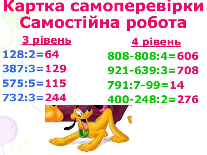 Картка самоперевірки Самостійна робота 3 рівень 128:2=64 387:3=129 575:5=115 732:3=244 4 рівень 808-808:4=606 921-639:3=708 791:7-99=14 400-248:2=276