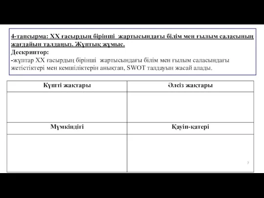 4-тапсырма: ХХ ғасырдың бірінші жартысындағы білім мен ғылым саласының жағдайын талдаңыз. Жұптық жұмыс.