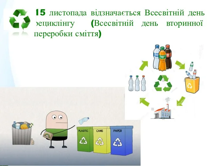 15 листопада відзначається Всесвітній день рециклінгу (Всесвітній день вторинної переробки сміття)