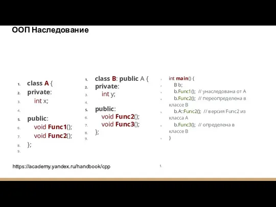 Основы C++ Разработки ООП Наследование class A { private: int