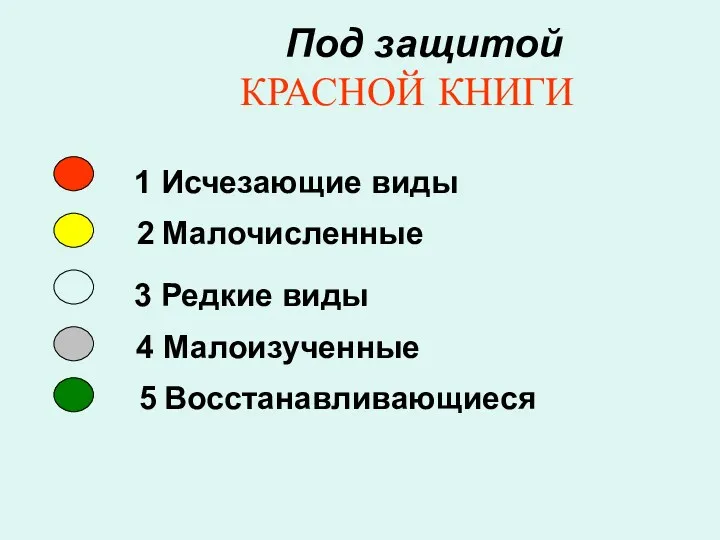 Под защитой КРАСНОЙ КНИГИ 1 Исчезающие виды 2 Малочисленные 3 Редкие виды 4 Малоизученные 5 Восстанавливающиеся