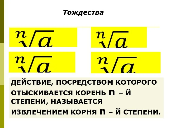 Тождества ДЕЙСТВИЕ, ПОСРЕДСТВОМ КОТОРОГО ОТЫСКИВАЕТСЯ КОРЕНЬ n – Й СТЕПЕНИ, НАЗЫВАЕТСЯ ИЗВЛЕЧЕНИЕМ КОРНЯ