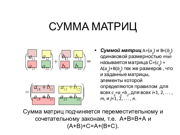 СУММА МАТРИЦ Суммой матриц A=(aij) и B=(bij) одинаковой размерностью mxn