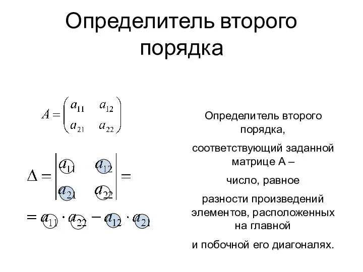 Определитель второго порядка Определитель второго порядка, соответствующий заданной матрице A