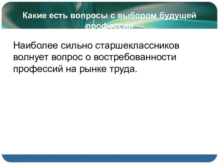 Какие есть вопросы с выбором будущей профессии Наиболее сильно старшеклассников