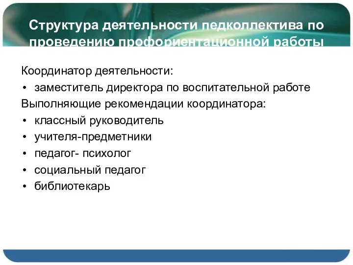 Структура деятельности педколлектива по проведению профориентационной работы Координатор деятельности: заместитель