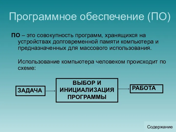 Программное обеспечение (ПО) ПО – это совокупность программ, хранящихся на