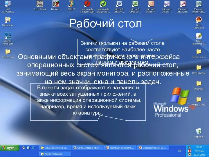 Рабочий стол Основными объектами графического интерфейса операционных систем являются рабочий