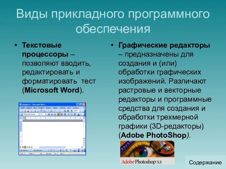 Виды прикладного программного обеспечения Текстовые процессоры – позволяют вводить, редактировать