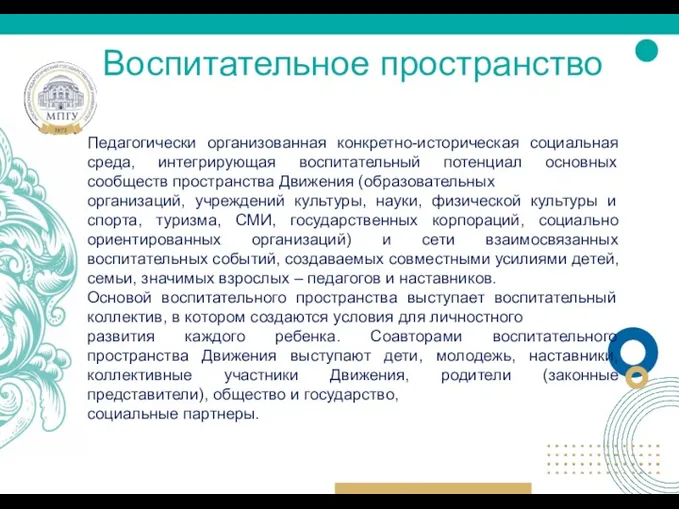 Воспитательное пространство Педагогически организованная конкретно-историческая социальная среда, интегрирующая воспитательный потенциал основных сообществ пространства