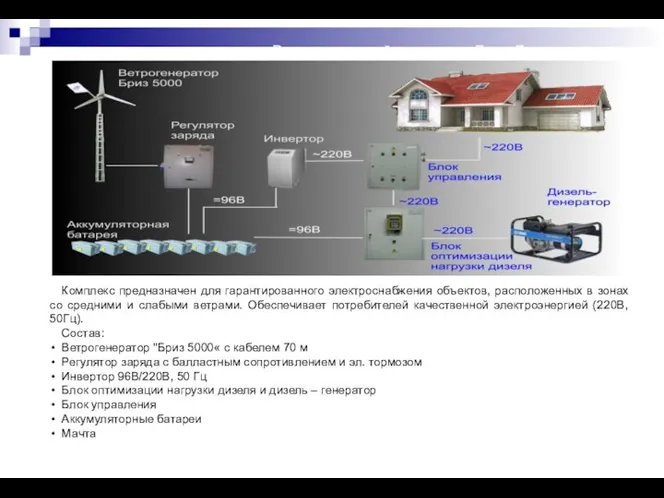 Комплекс предназначен для гарантированного электроснабжения объектов, расположенных в зонах со