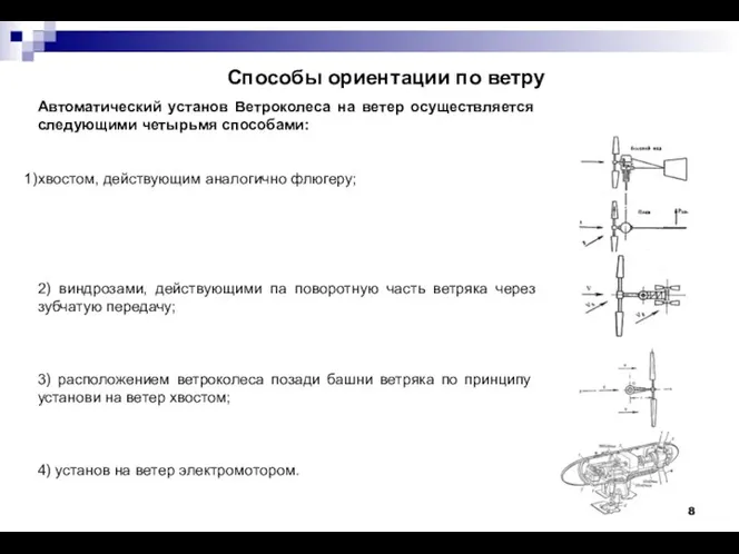 Способы ориентации по ветру Автоматический установ Ветроколеса на ветер осуществляется