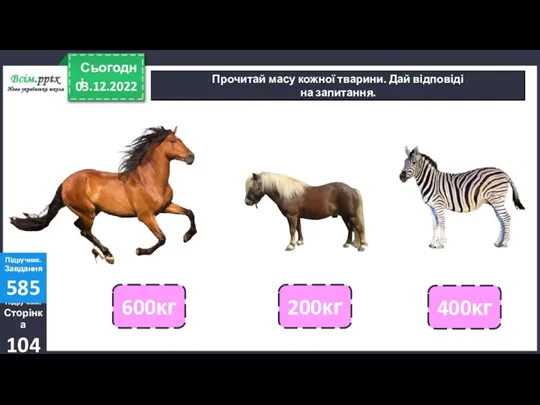 03.12.2022 Сьогодні Прочитай масу кожної тварини. Дай відповіді на запитання.