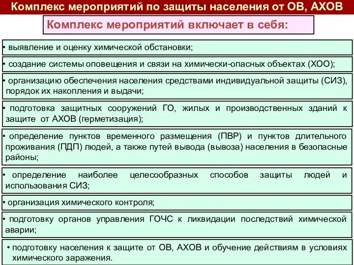 подготовку населения к защите от ОВ, АХОВ и обучение действиям