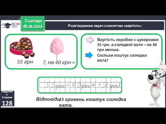 01.06.2023 Сьогодні Скільки коштує солодка вата? Розв'язування задач з поняттям