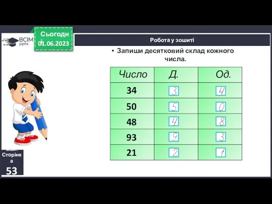 01.06.2023 Сьогодні Робота у зошиті Зошит. Сторінка 53 Запиши десятковий