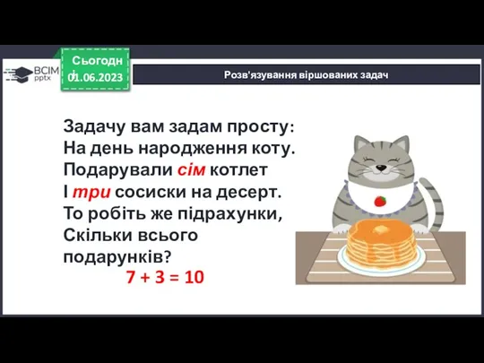 01.06.2023 Сьогодні Розв'язування віршованих задач 7 + 3 = 10