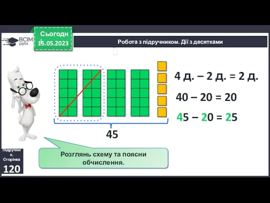 15.05.2023 Сьогодні Підручник. Сторінка 120 Робота з підручником. Дії з