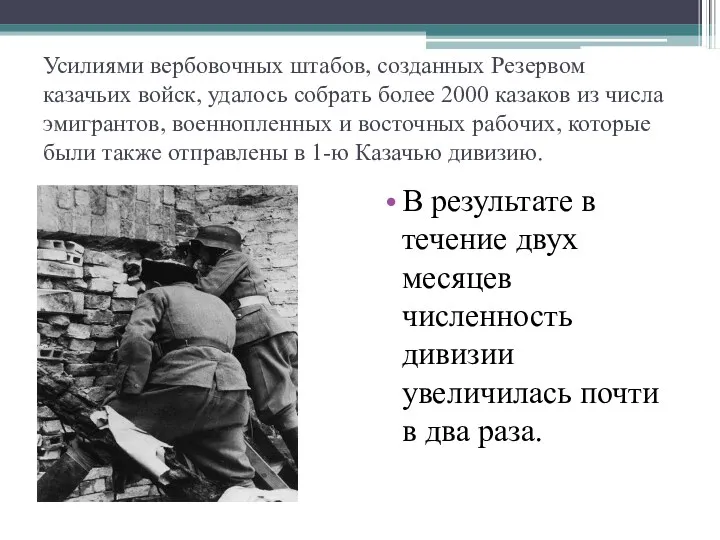 Усилиями вербовочных штабов, созданных Резервом казачьих войск, удалось собрать более