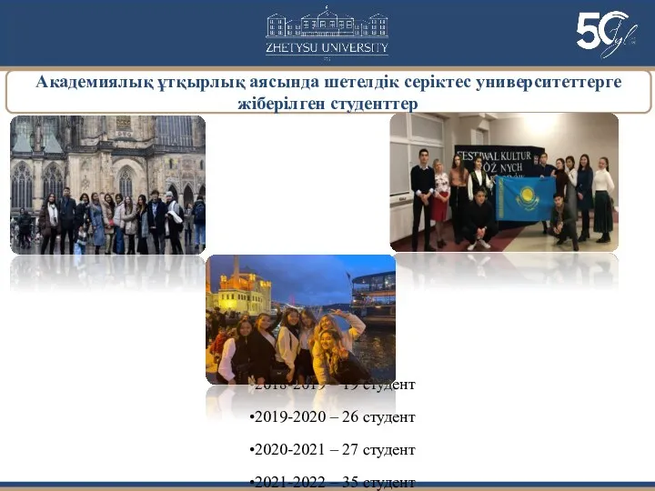 Академиялық ұтқырлық аясында шетелдік серіктес университеттерге жіберілген студенттер 2018-2019 – 19 студент 2019-2020