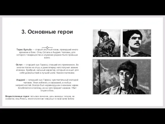 3. Основные герои Тарас Бульба — старый опытный казак, проведший