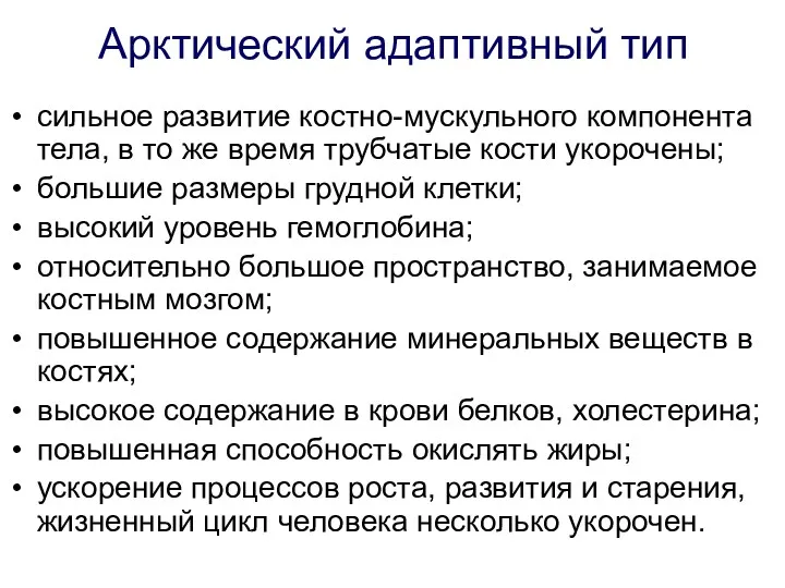 Арктический адаптивный тип сильное развитие костно-мускульного компонента тела, в то