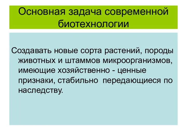 Основная задача современной биотехнологии Создавать новые сорта растений, породы животных