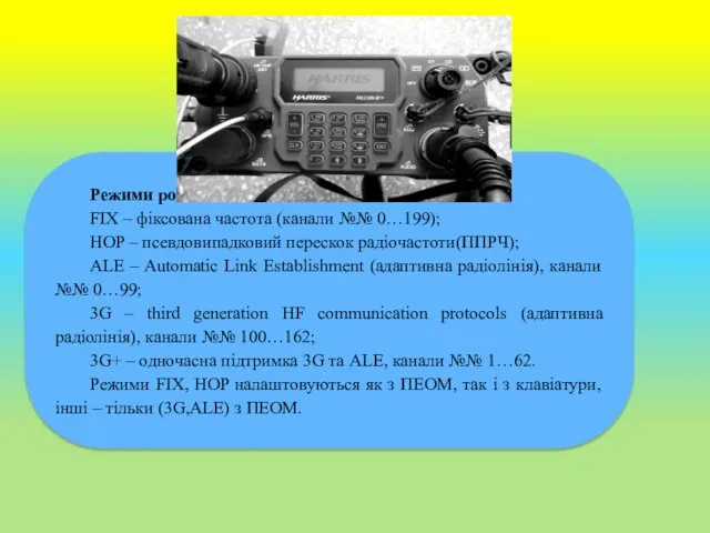 Режими роботи: FIX – фіксована частота (канали №№ 0…199); HOP – псевдовипадковий перескок