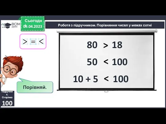 09.04.2023 Сьогодні Порівняй. 80 і 18 50 і 100 >