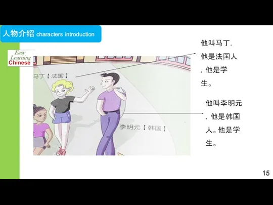 他叫马丁，他是法国人，他是学生。 他叫李明元，他是韩国人。他是学生。 人物介绍 characters introduction