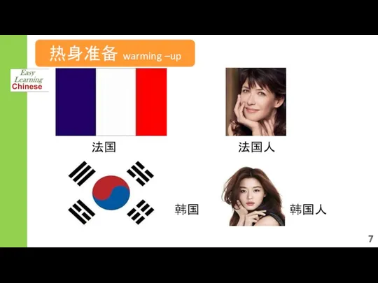 热身准备 warming –up How to greet your friend? How to introduce yourself? 法国 韩国 韩国人 法国人