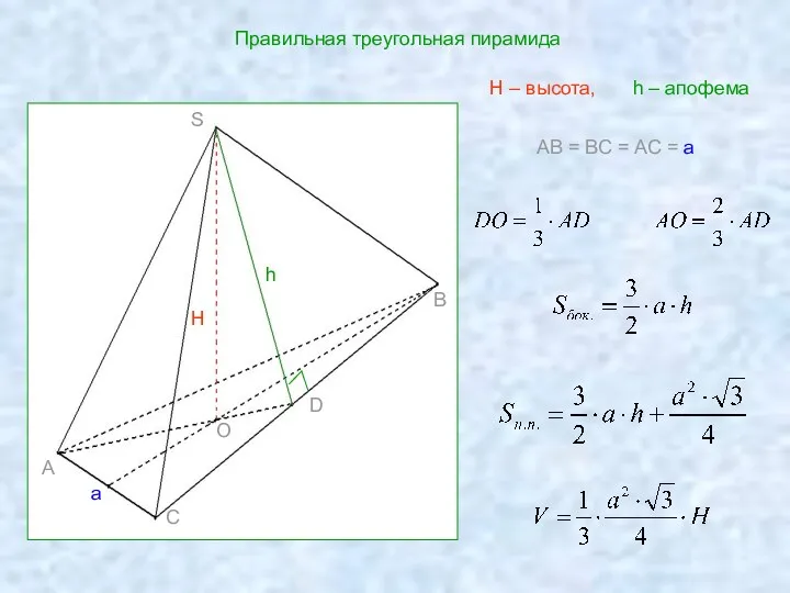 AB = BC = AC = a Правильная треугольная пирамида