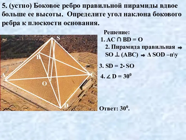 5. (устно) Боковое ребро правильной пирамиды вдвое больше ее высоты.
