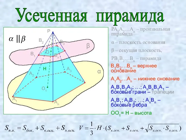 PA1A2…An – произвольная пирамида α – плоскость основания β –
