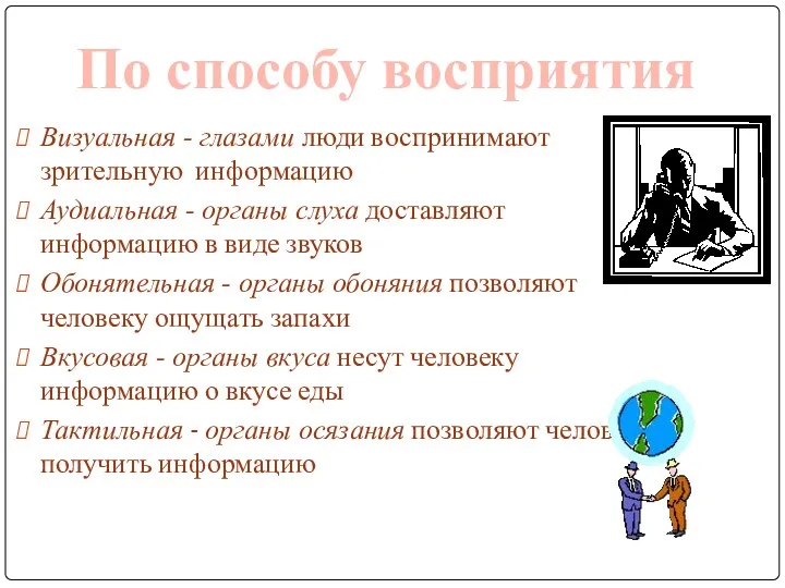 Визуальная - глазами люди воспринимают зрительную информацию Аудиальная - органы