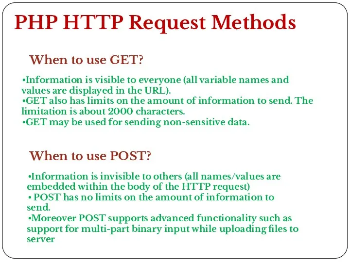 PHP HTTP Request Methods When to use GET? When to