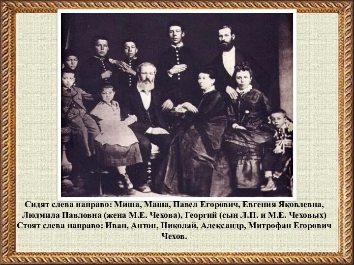 Сидят слева направо: Миша, Маша, Павел Егорович, Евгения Яковлевна, Людмила
