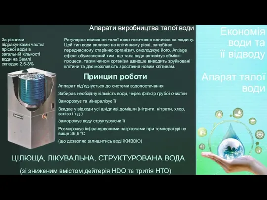 Апарати виробництва талої води Економія води та її відводу Апарат